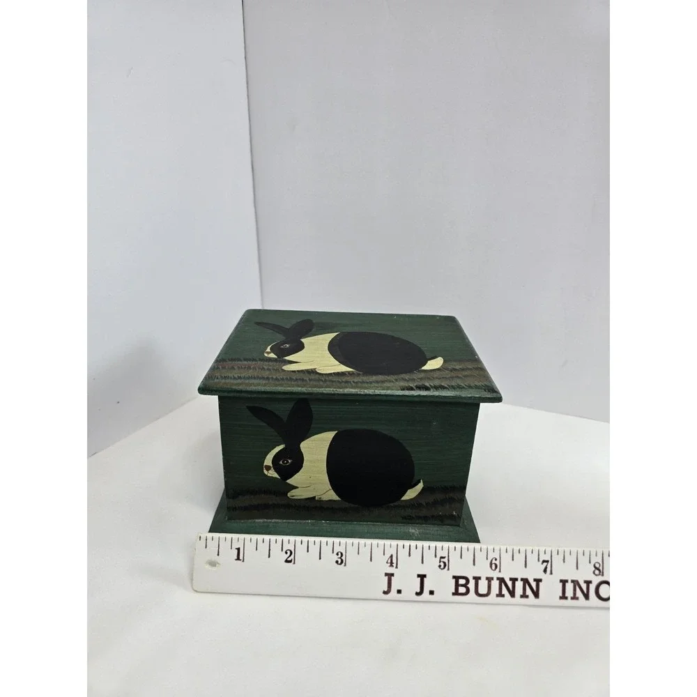 Vintage Hand Painted Wood Rabbit Box Folk Art Bunny Hinged Trinket Storage Decor